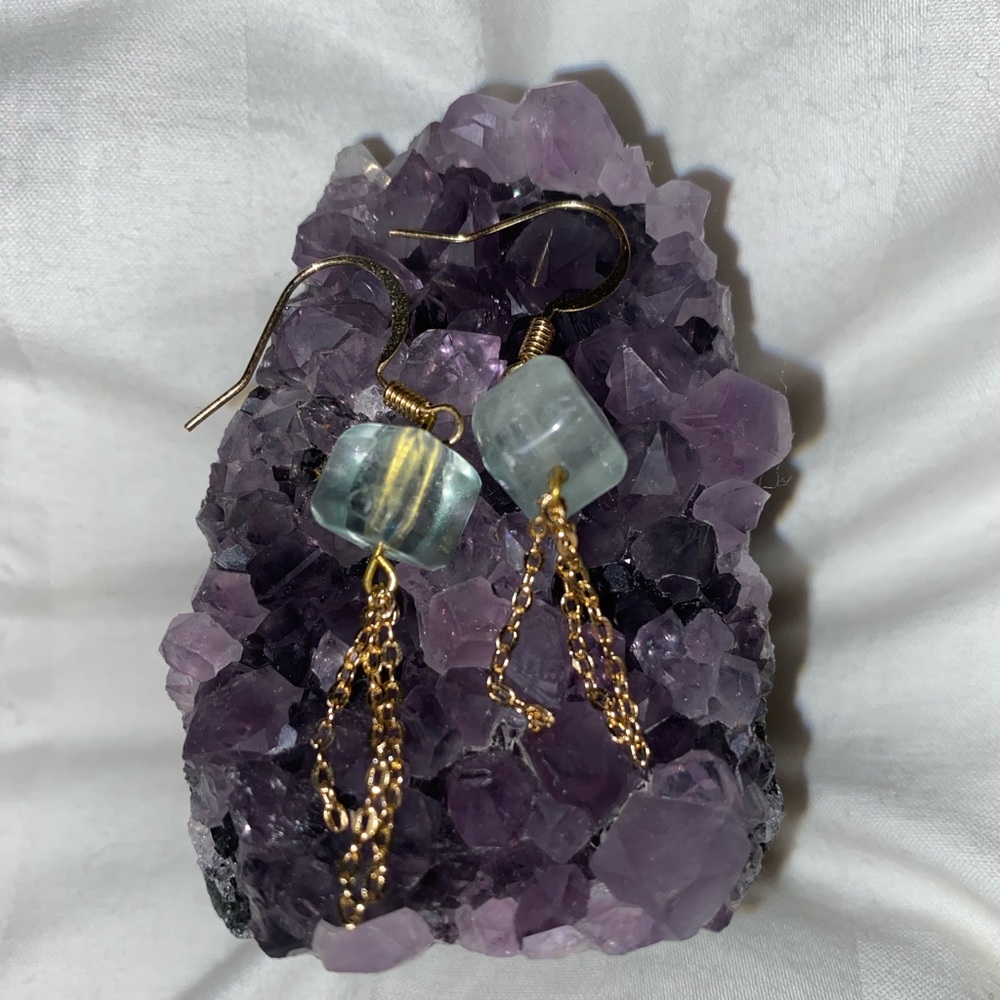 Green Cube Fluorite Dangling Earrings